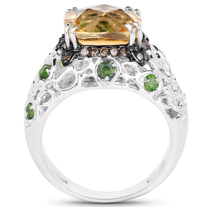 4.13 Carat Genuine Citrine, Chrome Diopside & Champagne Diamond .925 Sterling Silver Ring