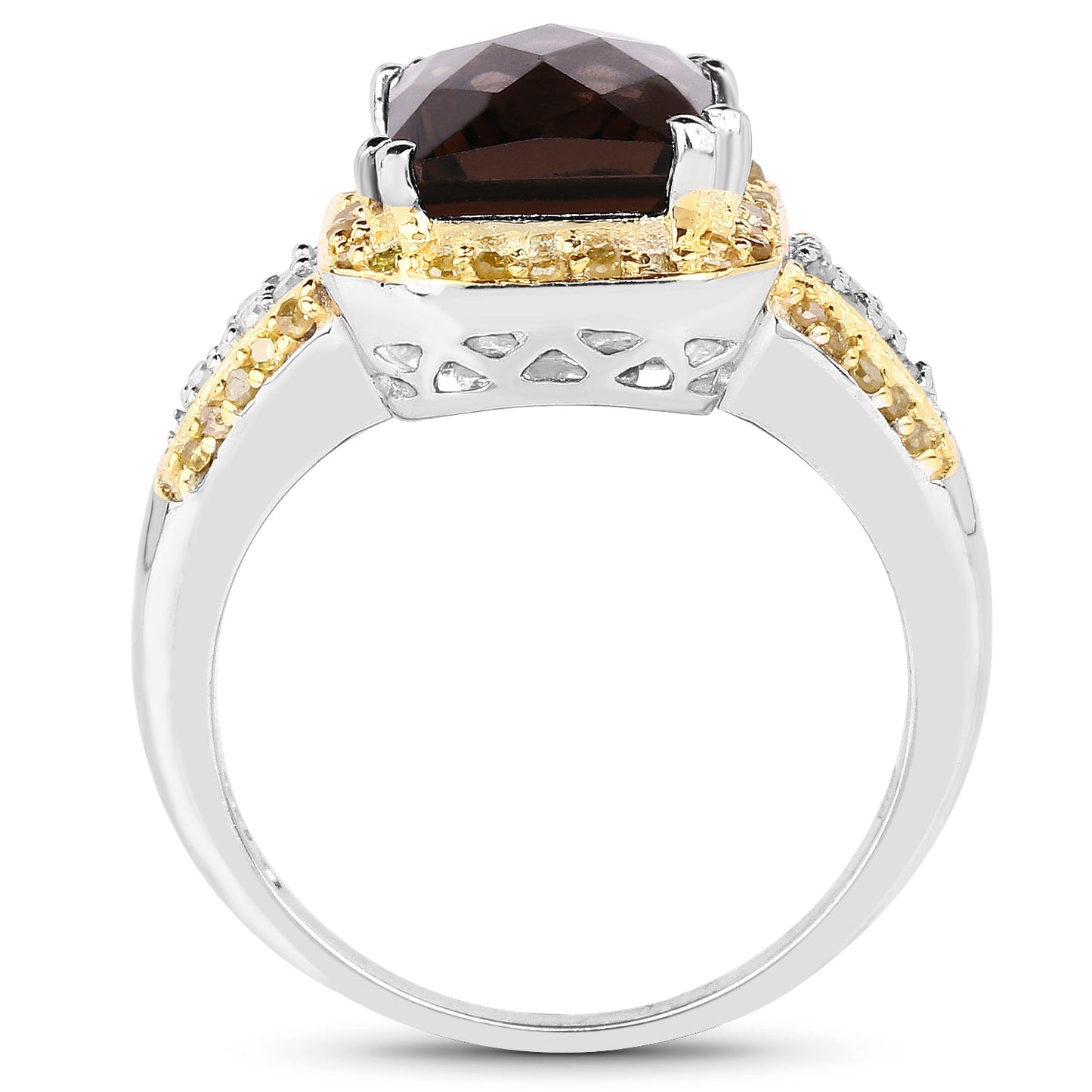 3.48 Carat Genuine Smoky Quartz, Yellow Diamond and White Diamond .925 Sterling Silver Ring