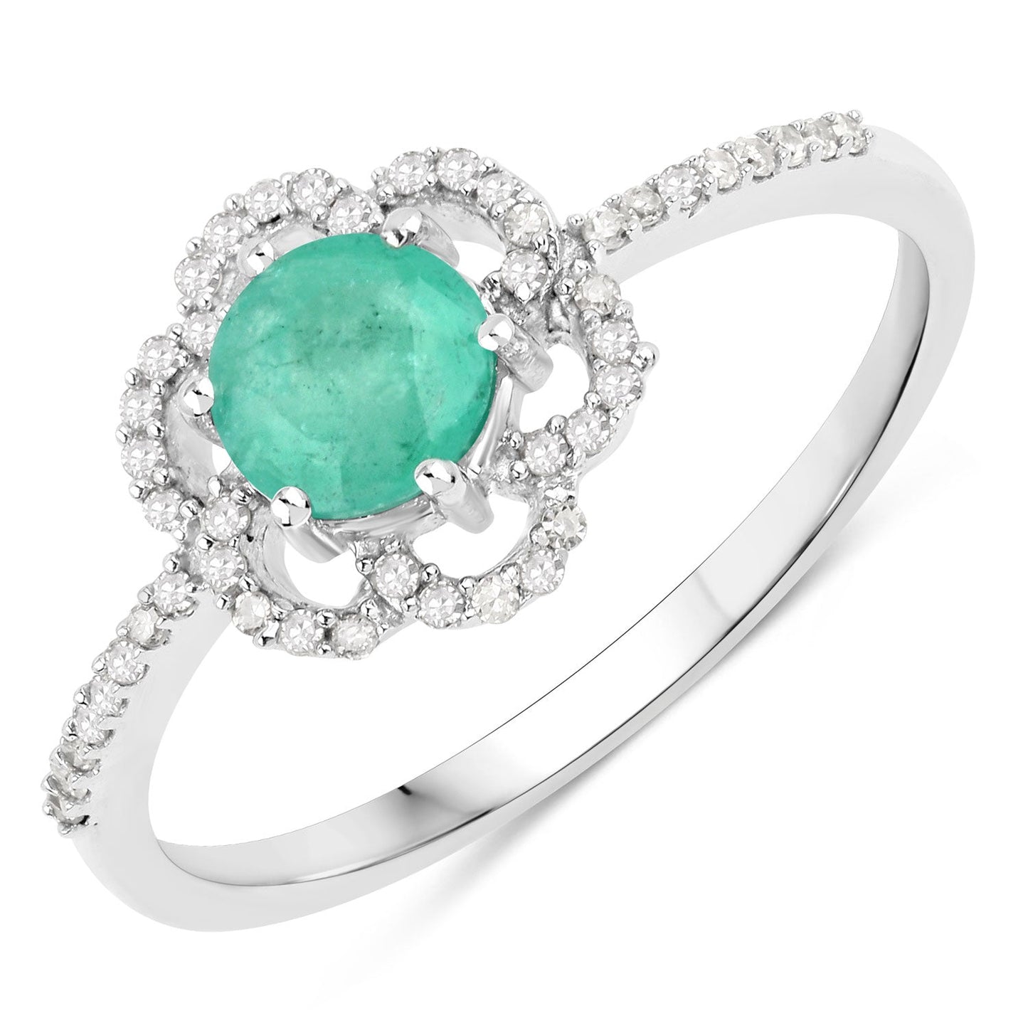 0.55 Carat Genuine Zambian Emerald and White Diamond 14K White Gold Ring