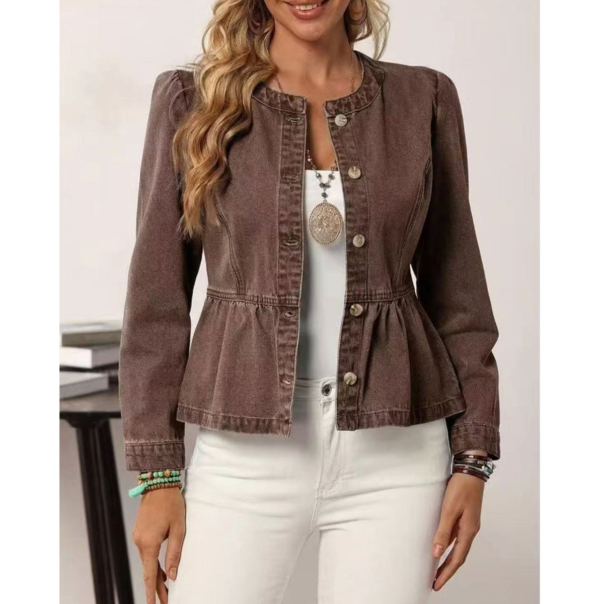 Cross-Border Denim Jacket For Women, Short Style, 2026 Spring And Autumn New Popular Model, European And American Casual Versatile Round Neck Puff Sleeves