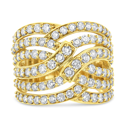 10K Yellow Gold 3.00 Cttw Diamond Multi Row Bypass Wave Cocktail Band Ring (J-K Color, I1-I2 Clarity) - Size 7