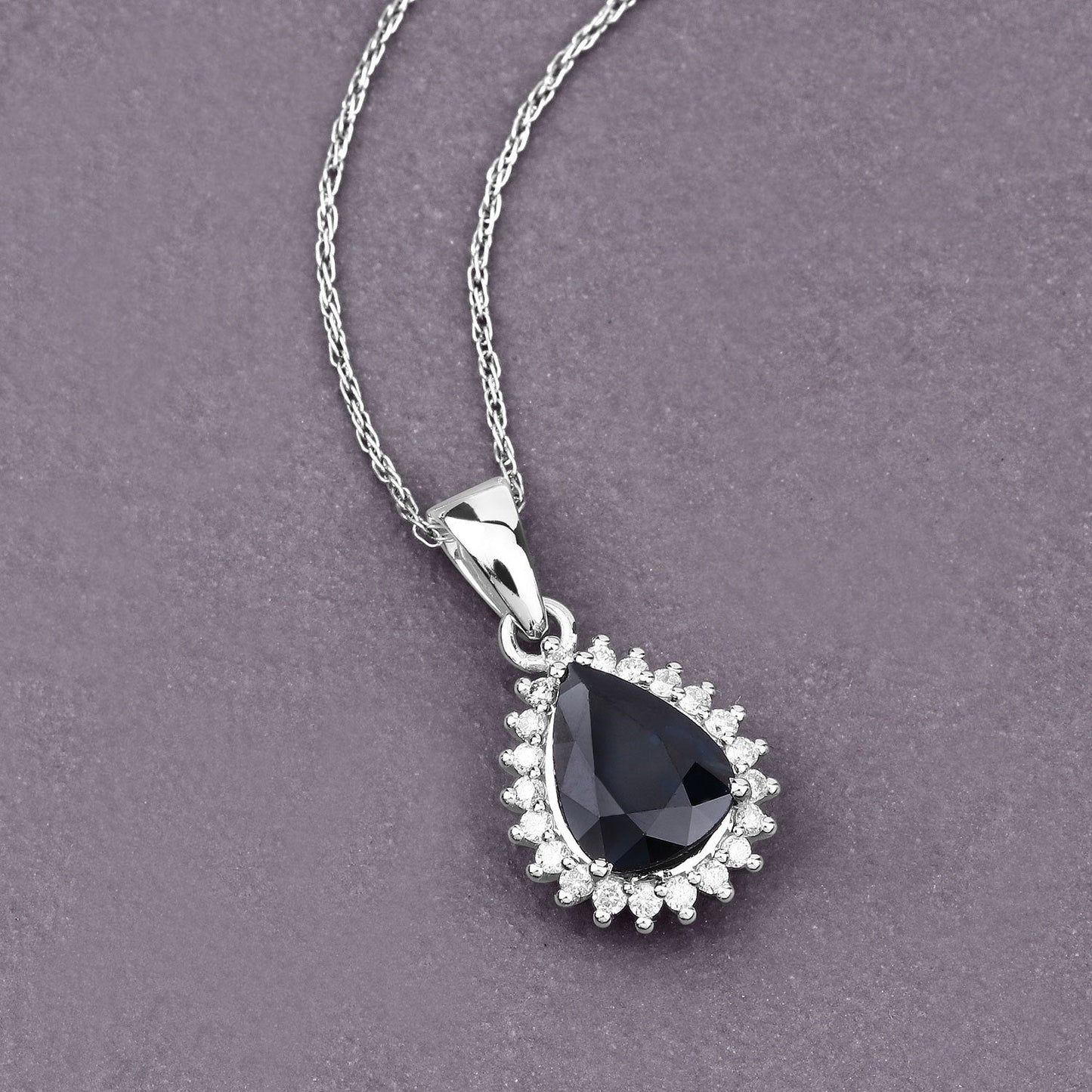 2.09 Carat Genuine Blue Sapphire and White Diamond 14K White Gold Pendant