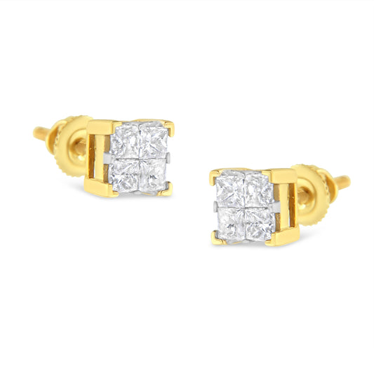 Boucles d'oreilles clous carrées en or jaune 10K, avec diamant serti invisible taille princesse composite de 0,75 carat total (couleur I-J, pureté I2-I3)