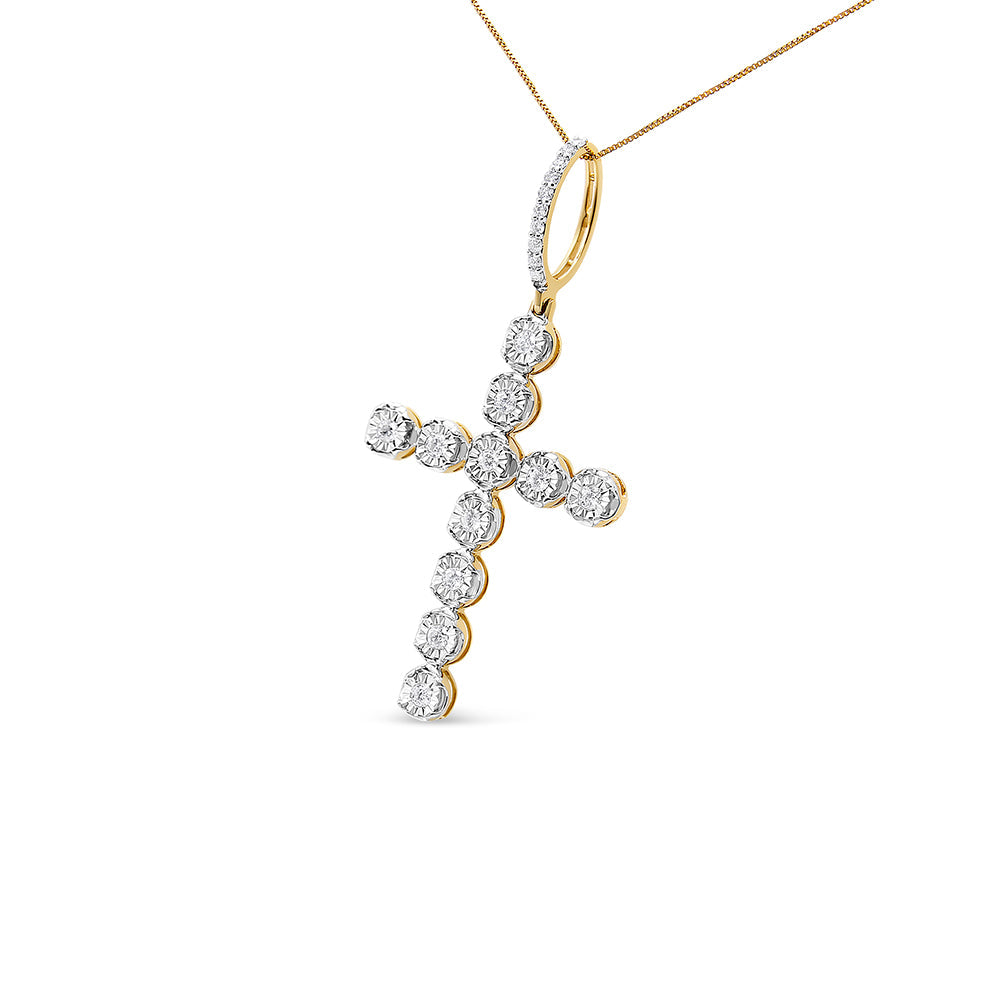 10K Yellow Gold 5/8 Cttw Miracle Set Round Diamond Circle Link Cross Men's Pendant Necklace