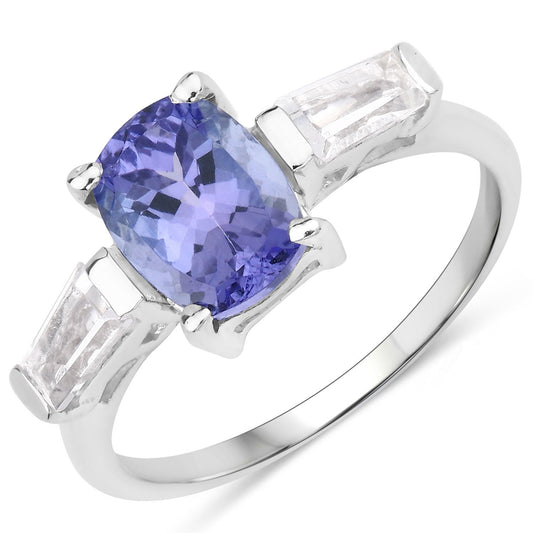 Bague en argent sterling 925, tanzanite véritable et topaze blanche de 2,00 carats