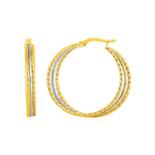 Boucles d'oreilles créoles texturées en trois parties en or jaune et blanc 14 carats