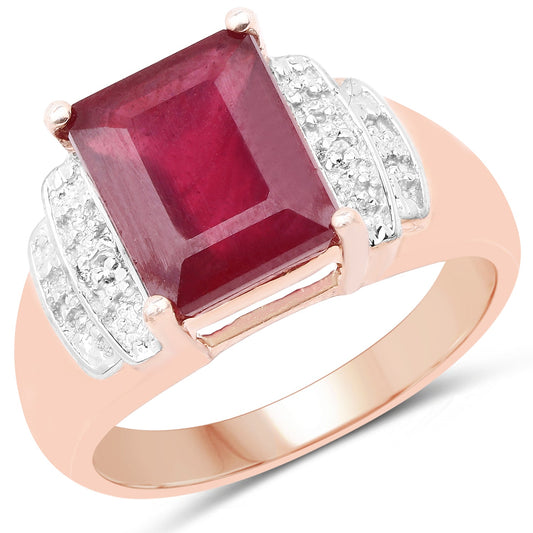 Bague en argent sterling 925 plaqué or rose 14 carats avec rubis véritable (verre rempli) de 4,26 carats et topaze blanche