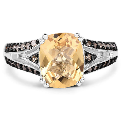 2.79 Carat Genuine Citrine, Champagne Diamond & White Diamond .925 Sterling Silver Ring