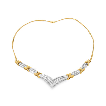 10K Yellow and White Gold 1.0 Cttw Round and Princess cut Diamond "V" Shape Statement Necklace (I-J Color, I1-I2 Clarity)