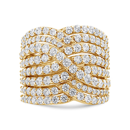 10K Yellow Gold 3.0 Cttw Diamond Eight-Row Bypass Crossover Statement Band Ring (H-I Color, I2-I3 Clarity) - Size 7