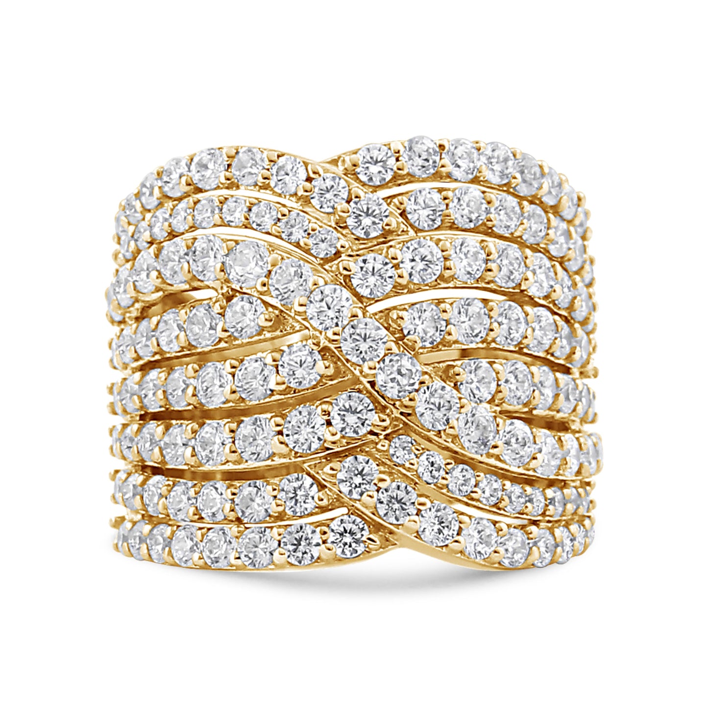 10K Yellow Gold 3.0 Cttw Diamond Eight-Row Bypass Crossover Statement Band Ring (H-I Color, I2-I3 Clarity) - Size 7
