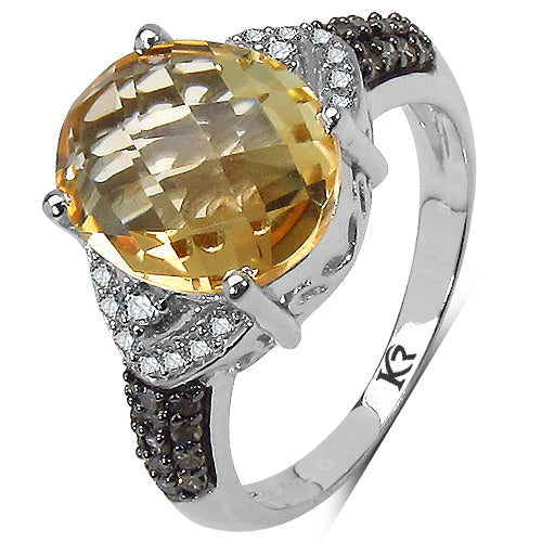 4.69 Carat Genuine Citrine, Champagne Diamond & White Diamond .925 Sterling Silver Ring
