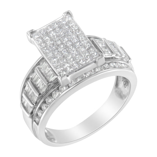 Bague en or blanc 14 carats, sertie invisible de diamants taille mixte 2,0 carats poids total, forme rectangulaire, avec grappe composite et anneau serti de barrettes et de rails (couleur H-I, pureté SI2-I1) – Taille 5