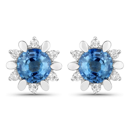 1.87 Carat Genuine Blue Sapphire and White Diamond 14K White Gold Earrings