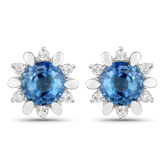 1.87 Carat Genuine Blue Sapphire and White Diamond 14K White Gold Earrings