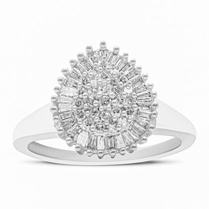 10K White Gold 1/2 Cttw Round & Baguette Cut Diamond Pear Shaped Domed PavÃ© Cluster with Halo Cocktail Ring (H-I Color, SI1-SI2 Clarity) - Size 5