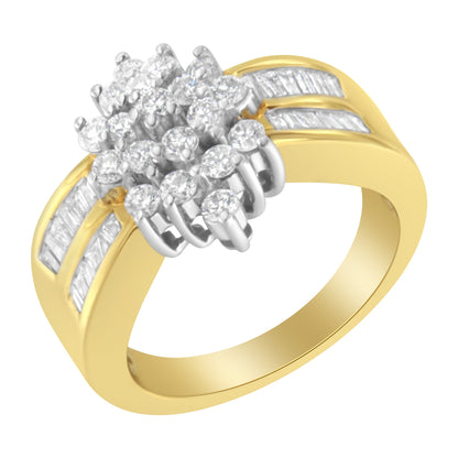 10K Yellow Gold 1.0 Cttw Round & Baguette Cut Diamond Floral Cluster Double-Channel Flared Band Statement Ring (H-I Color, SI2-I1 Clarity) - Size 6-1/2