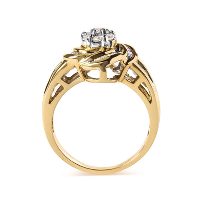 10K Yellow Gold 1/2 Cttw Round and Baguette Diamond Flower Swirl Cocktail Ring (I-J Color, SI2-I1 Clarity) - Ring Size 7
