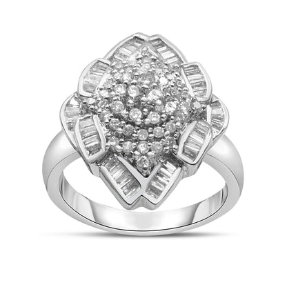 14K White Gold 7/8 Cttw Round and Baguette-Cut Diamond Cluster Ring (H-I Color, SI2-I1 Clarity) - Size 7