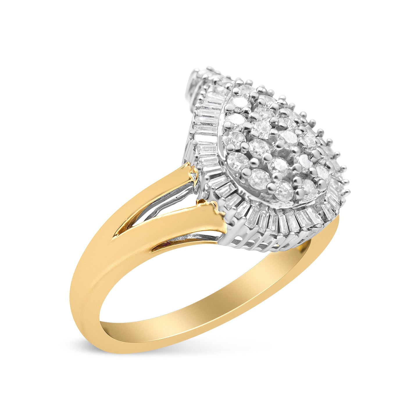 14K Yellow and White Gold 1.00 Cttw Round and Baguette-Cut Diamond Ballerina Cocktail Ring (H-I Color, SI2-I1 Clarity)