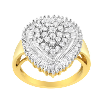 10K Yellow Gold 1.0 Cttw Round and Baguette Cut Diamond Oval Shaped Cluster Ring (I-J Color, I1-I2 Clarity) - Size 7