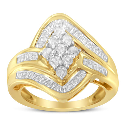 10K Yellow Gold over .925 Sterling Silver Diamond Bypass Cluster Ring (1 Cttw, I-J Color, I2-I3 Clarity) - Size 6