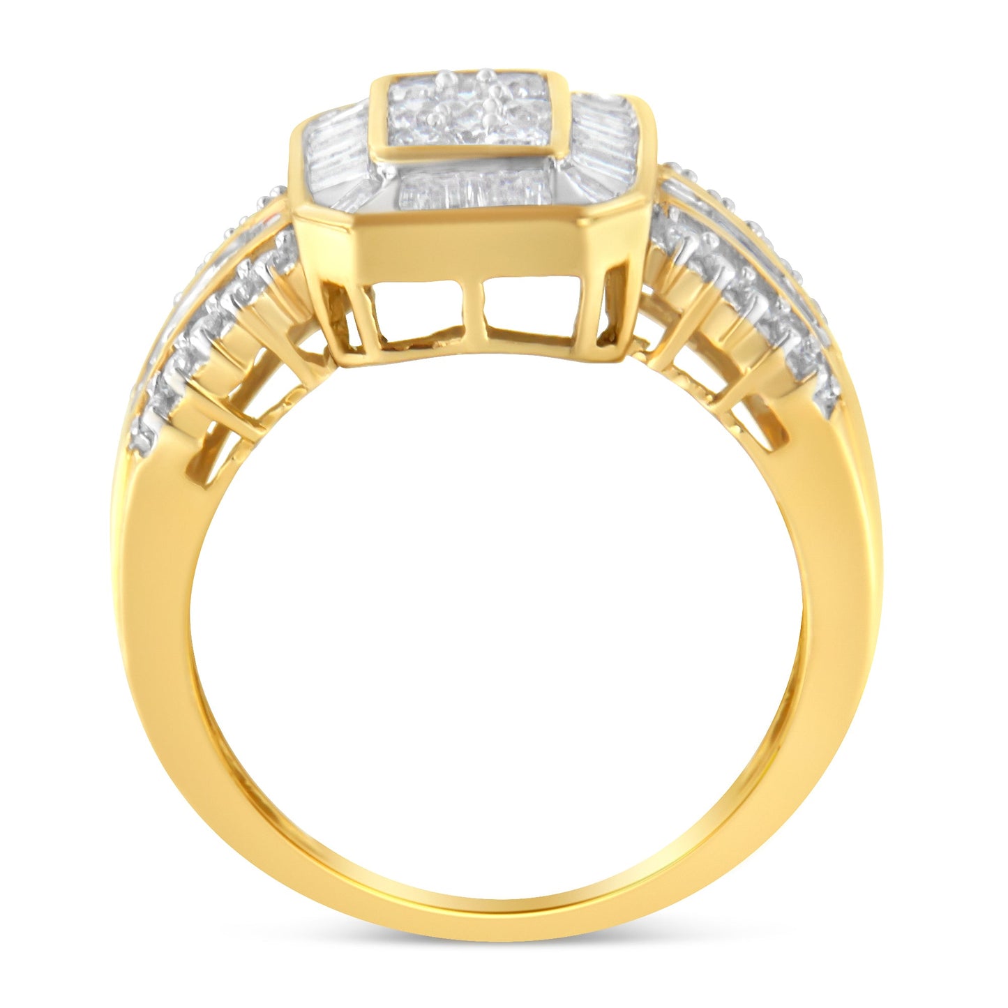 10K Yellow Gold Round and Baguette-Cut Diamond Cocktail Ring (1.0 Cttw, H-I Color, SI2-I1 Clarity) - Size 7