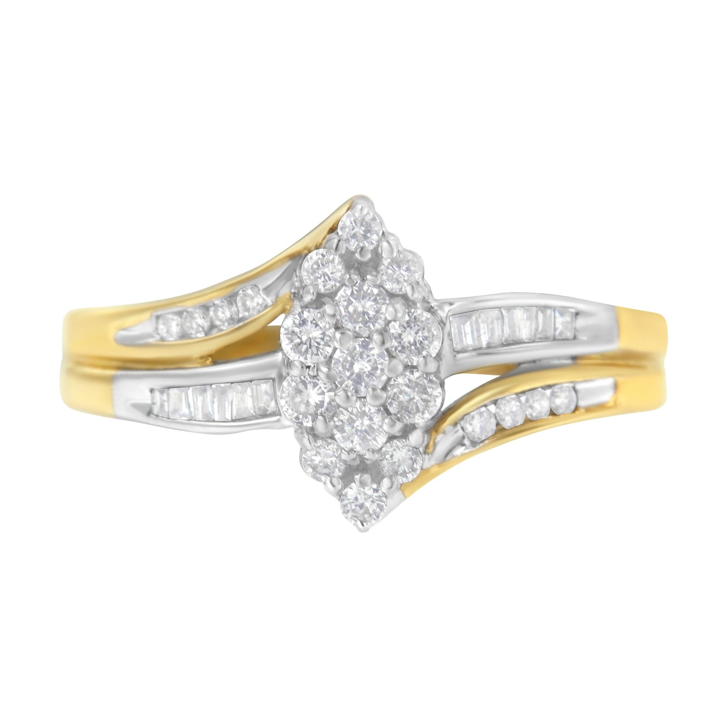 10K Yellow and White Gold 1/2 Cttw Diamond Marquise Shaped Cluster Split Shank Ring (H-I Color, SI2-I1 Clarity) - Size 7