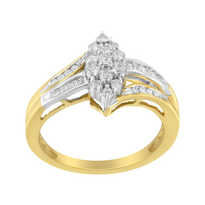 10K Yellow and White Gold 1/2 Cttw Diamond Marquise Shaped Cluster Split Shank Ring (H-I Color, SI2-I1 Clarity) - Size 7