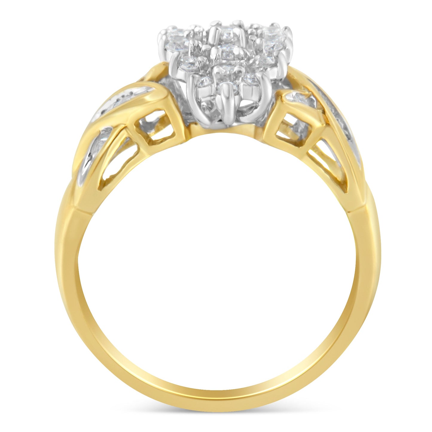 10K Two-Toned Gold Round Baguette Diamond Cluster Ring (1/2 Cttw, I-J Color, I2-I3 Clarity) - Size 6-1/2