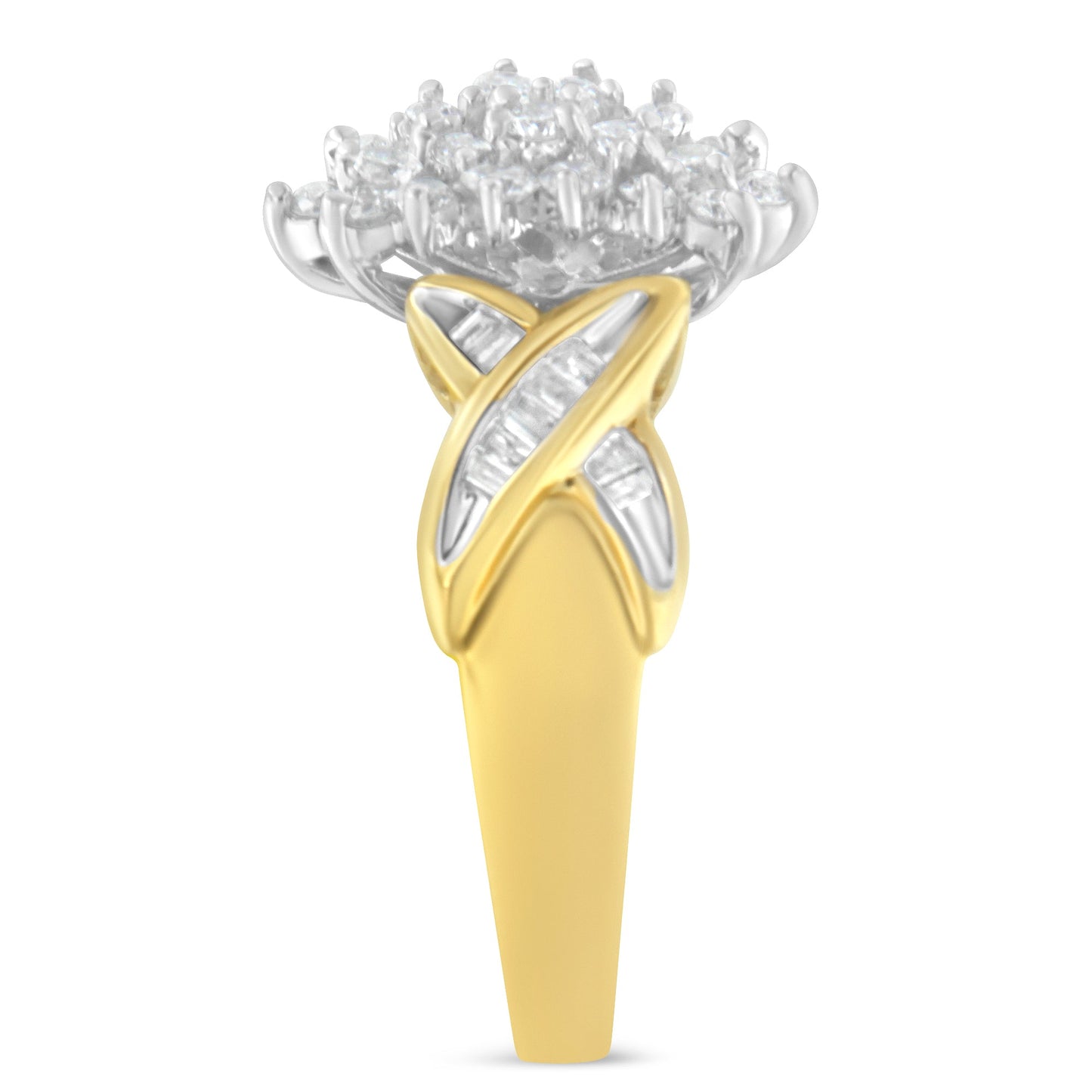 10K Two-Toned Gold Round Baguette Diamond Cluster Ring (1/2 Cttw, I-J Color, I2-I3 Clarity) - Size 6-1/2