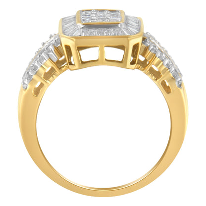 10K Yellow Gold Round and Baguette-Cut Diamond Cluster Ring (1.0 Cttw, I-J Color, SI1-SI2 Clarity) - Size 7