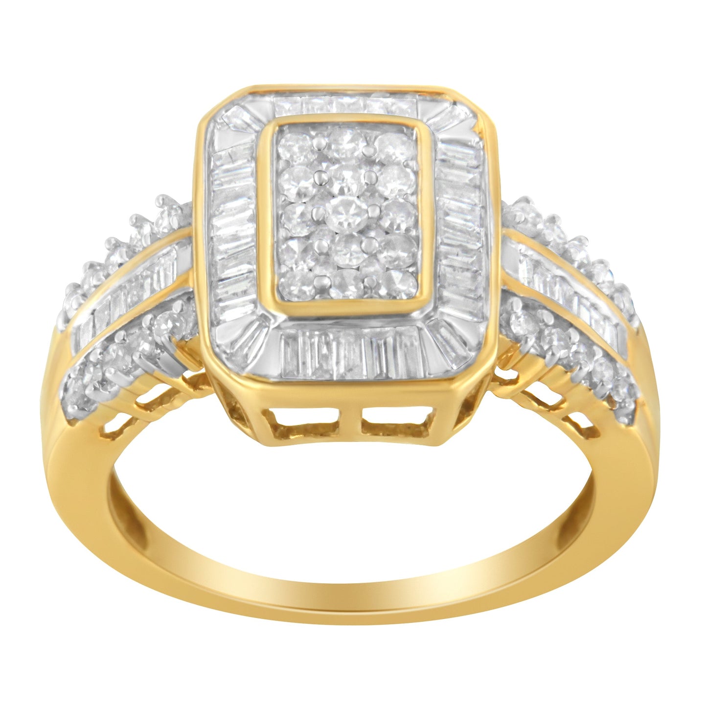 10K Yellow Gold Round and Baguette-Cut Diamond Cluster Ring (1.0 Cttw, I-J Color, SI1-SI2 Clarity) - Size 7
