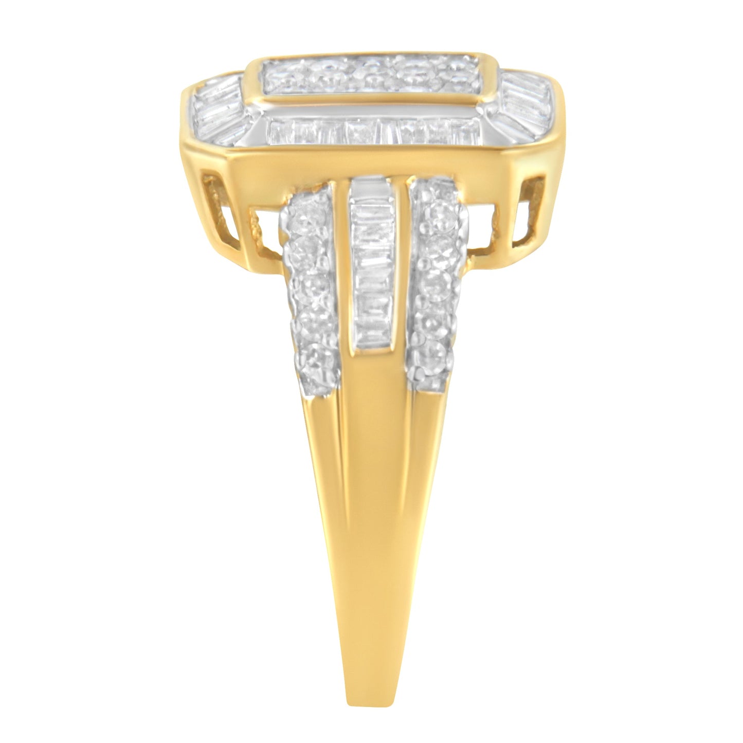 10K Yellow Gold Round and Baguette-Cut Diamond Cluster Ring (1.0 Cttw, I-J Color, SI1-SI2 Clarity) - Size 7