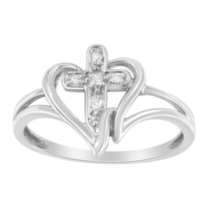 10K White Gold Diamond-Accented Cross & Open Heart Promise Fashion Ring (H-I Color, I1-I2 Clarity) - Size 7
