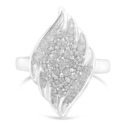 .925 Sterling Silver Â¾ Cttw Round and Baguette Cut Diamond Stair-Stepped Cluster Waterfall Cocktail Ring (I-J Color, I2-I3 Clarity) - Size 6