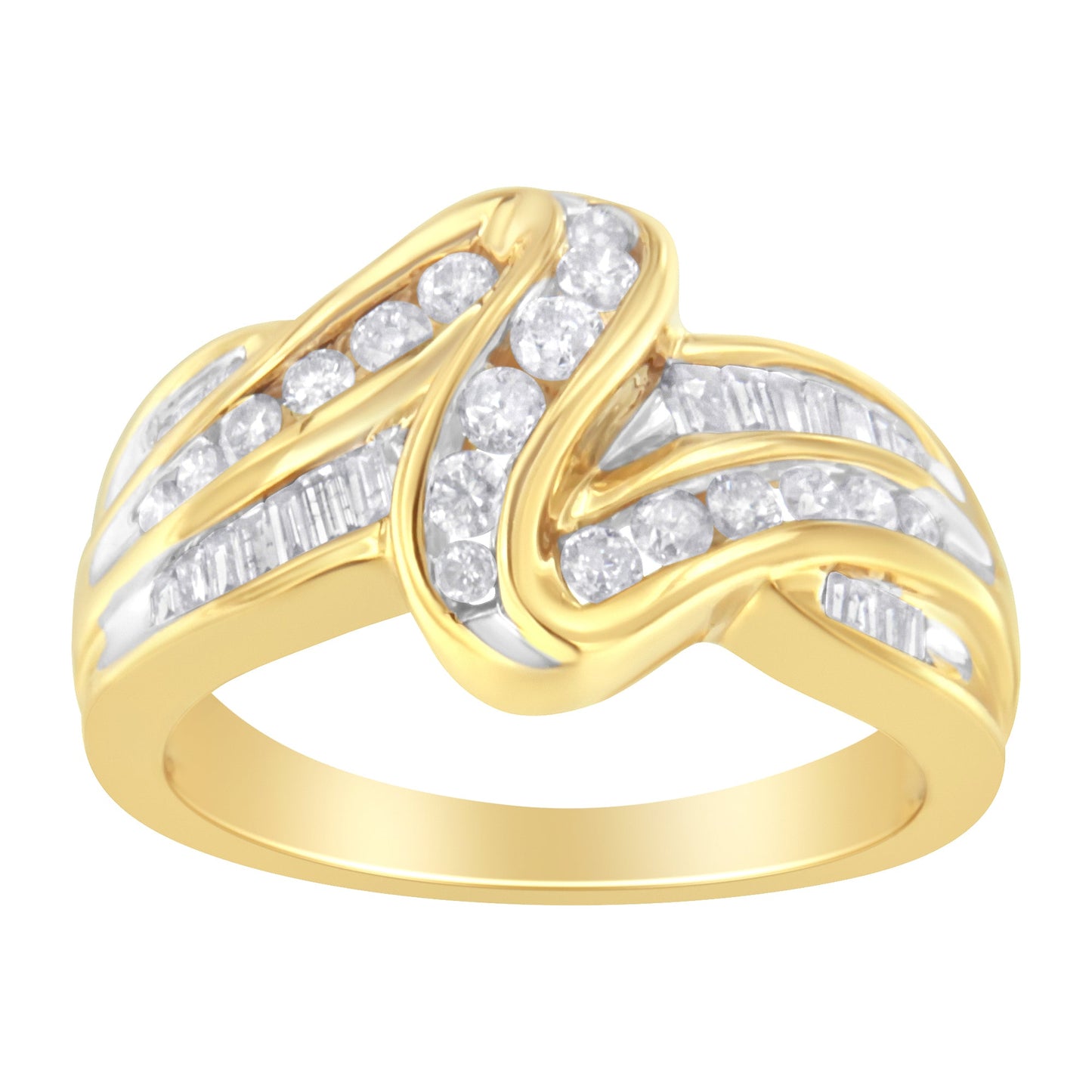 10K Yellow Gold 3/4 Cttw Channel Set Round and Baguette-cut Diamond Double Shank Bypass Ring (J-K Color, I1-I2 Clarity) - Size 6.75