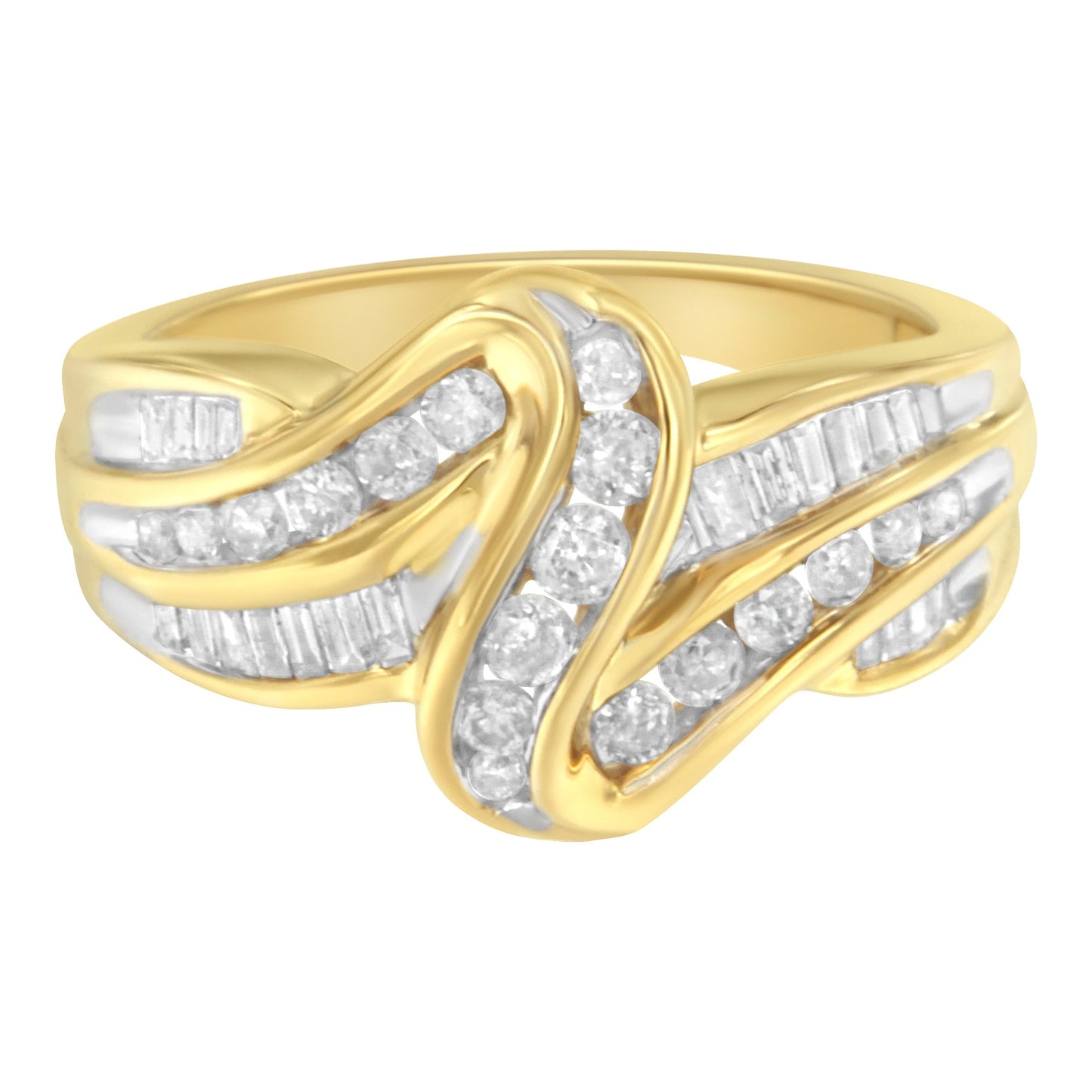 10K Yellow Gold 3/4 Cttw Channel Set Round and Baguette-cut Diamond Double Shank Bypass Ring (J-K Color, I1-I2 Clarity) - Size 6.75