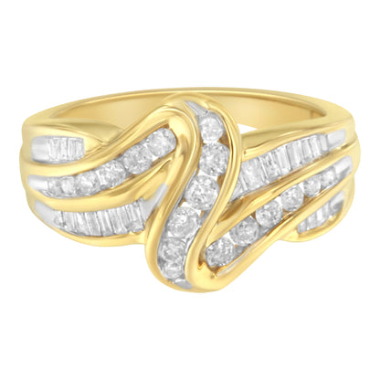 10K Yellow Gold 3/4 Cttw Channel Set Round and Baguette-cut Diamond Double Shank Bypass Ring (J-K Color, I1-I2 Clarity) - Size 6.75