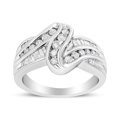 10K White Gold Ring 3/4 Cttw Round and Baguette-Cut Diamond Bypass Ring (H-I Color, I2-I3 Clarity) - Size 6