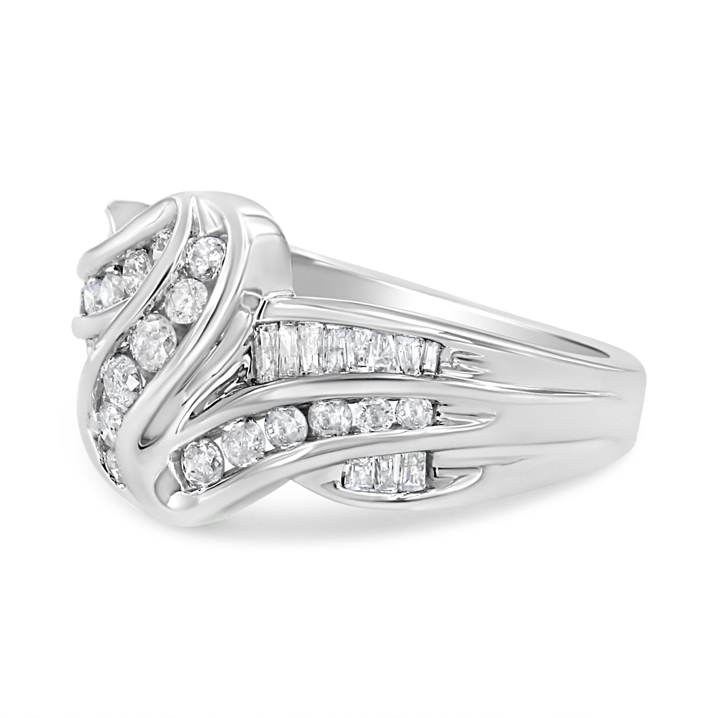 10K White Gold Ring 3/4 Cttw Round and Baguette-Cut Diamond Bypass Ring (H-I Color, I2-I3 Clarity) - Size 6