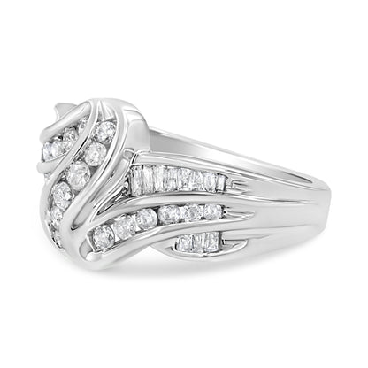 10K White Gold Ring 3/4 Cttw Round and Baguette-Cut Diamond Bypass Ring (H-I Color, I2-I3 Clarity) - Size 6
