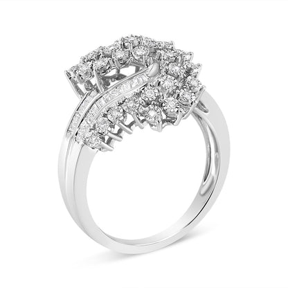 10K White Gold 1/2 Cttw Round and Baguette-Cut "S" Shaped Bypass Cocktail Ring (I-J Color, I1-I2 Clarity) - Size 7