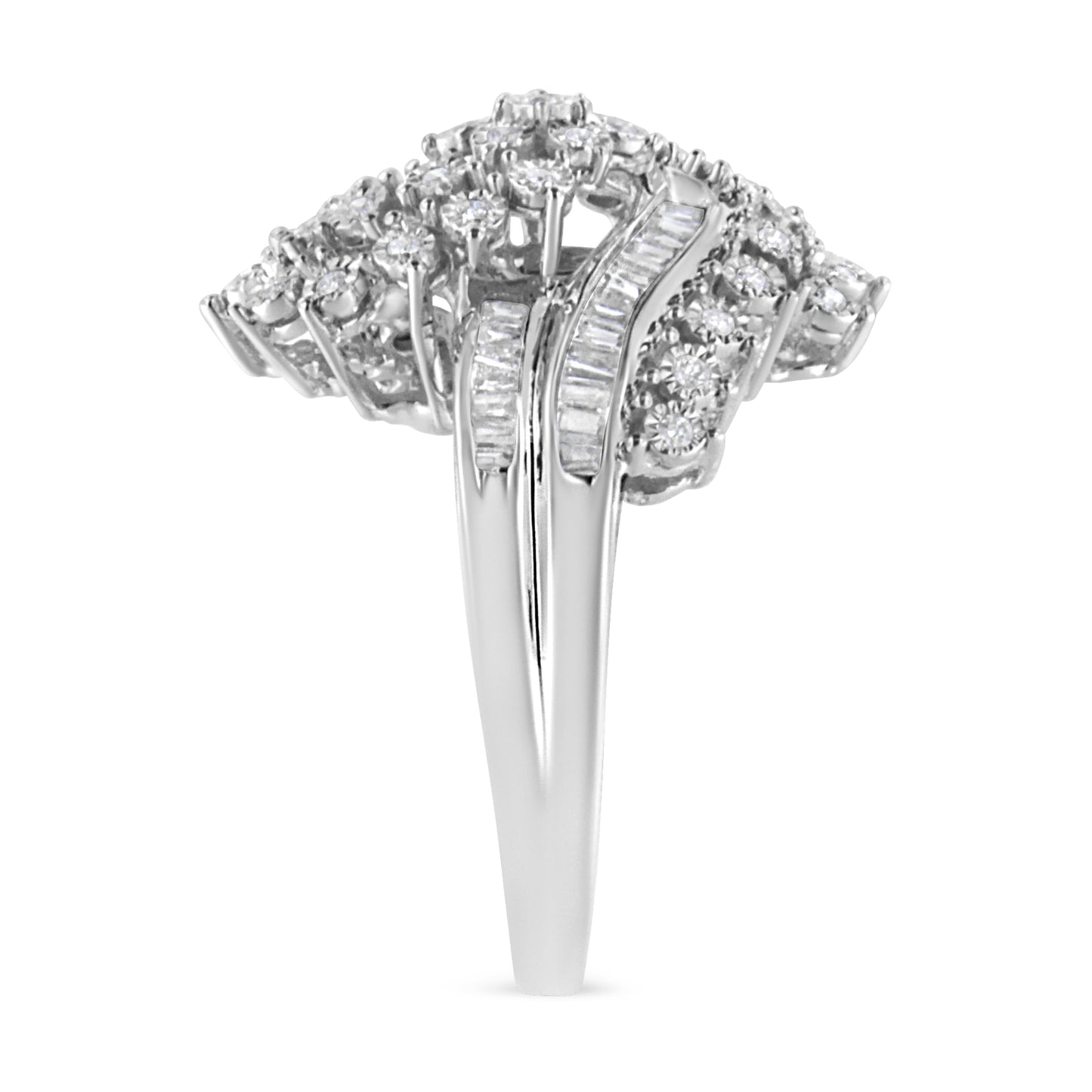 10K White Gold 1/2 Cttw Round and Baguette-Cut "S" Shaped Bypass Cocktail Ring (I-J Color, I1-I2 Clarity) - Size 7