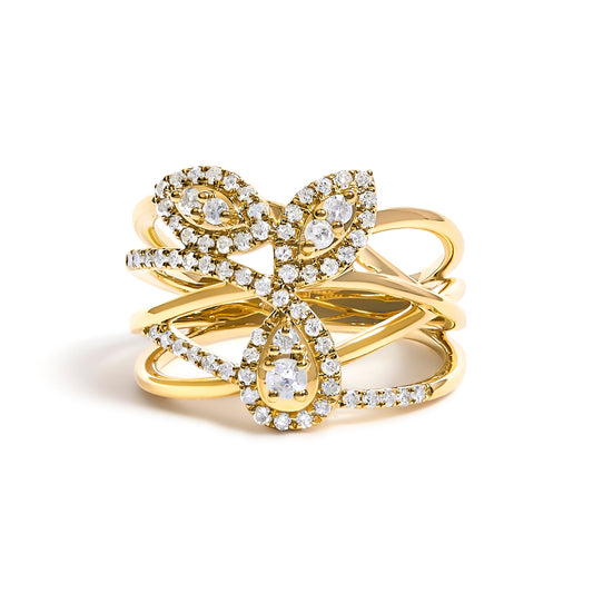 Bague Cocktail Fleur 3 Feuilles Croisée en Or Jaune 10K et Diamant 1/2 Carat (Couleur H-I, Clarté SI1-SI2) - Taille 7