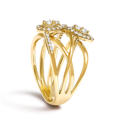 10K Yellow Gold 1/2 Cttw Diamond Crossover 3 Leaf Floral Cocktail Ring Band (H-I Color, SI1-SI2 Clarity)  - Size 7