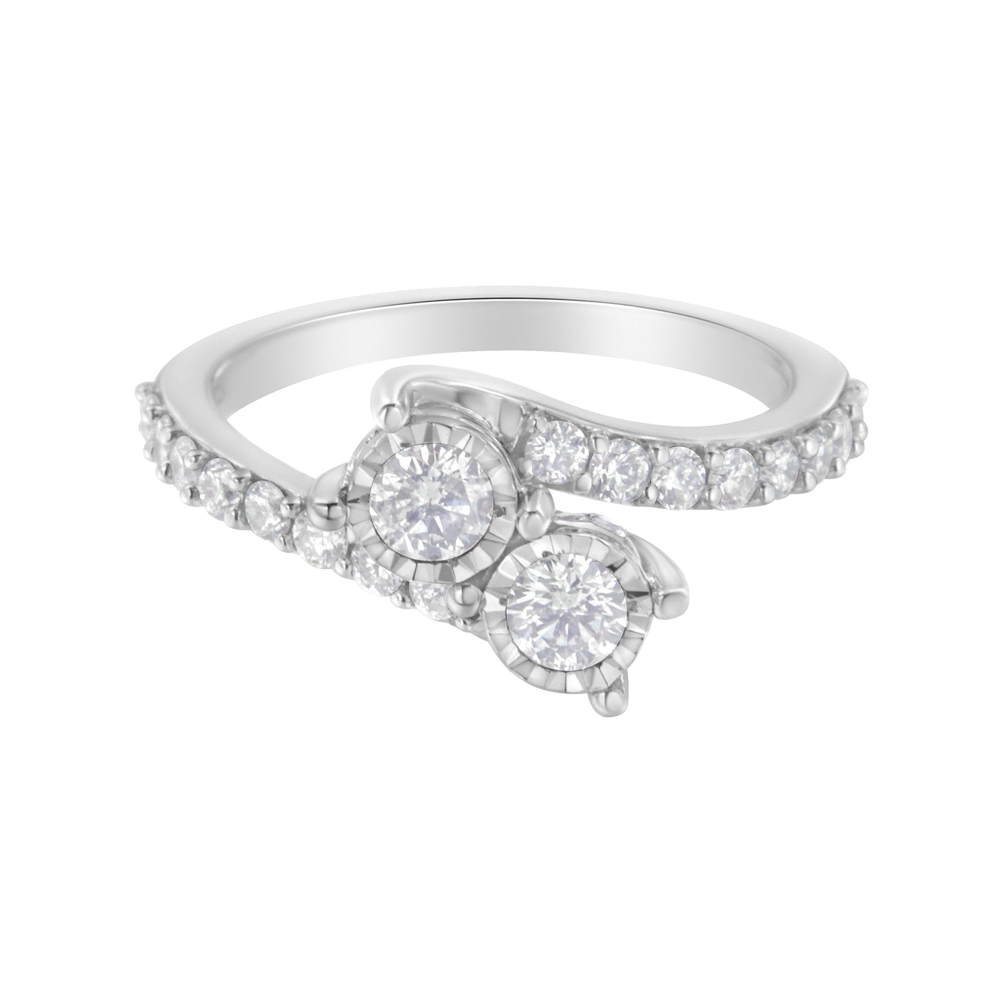 10K White Gold Two-Stone Miracle-Set Diamond Bypass Ring (1 Cttw, H-I Color, I1-I2 Clarity) - Size 6