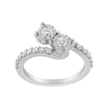 10K White Gold Two-Stone Miracle-Set Diamond Bypass Ring (1 Cttw, H-I Color, I1-I2 Clarity) - Size 6