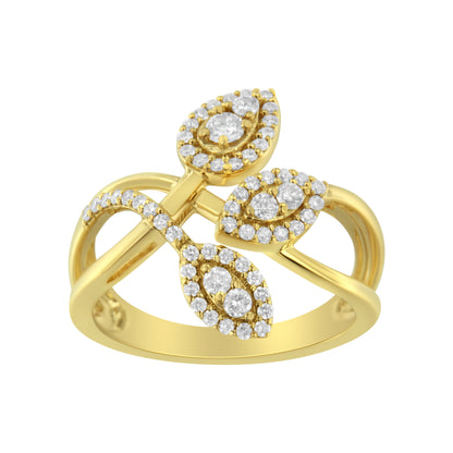 10K Yellow Gold 1/2 Cttw Round-Cut Diamond Layered Crossover Triple Leaf Bypass Ring (I-J Color, I1-I2 Clarity) - Size 7