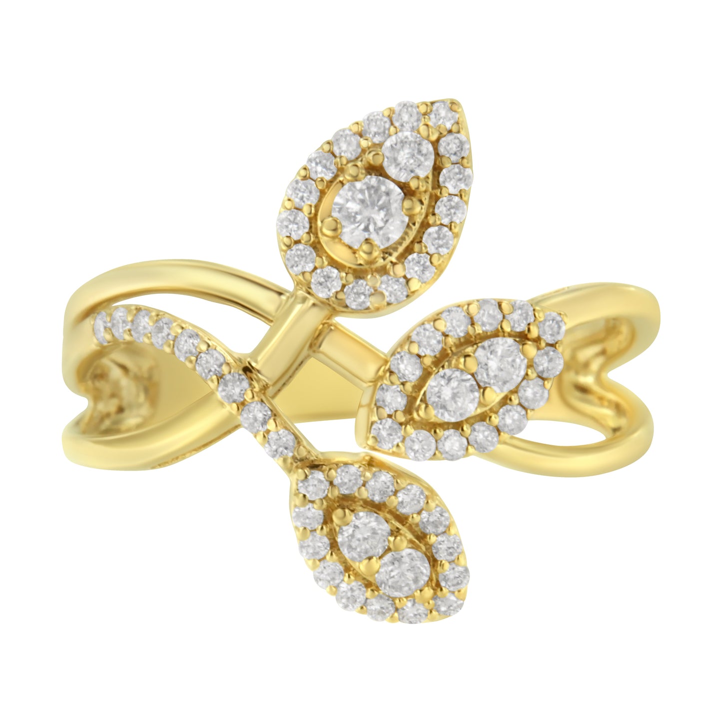 10K Yellow Gold 1/2 Cttw Round-Cut Diamond Layered Crossover Triple Leaf Bypass Ring (I-J Color, I1-I2 Clarity) - Size 7